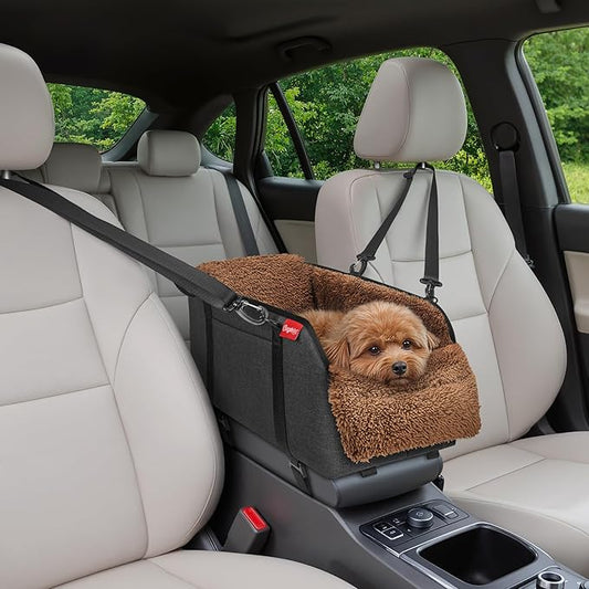 BurgeonNest Center Console Small Dog Car Seat - Portable Pet Cat Puppy Booster Armrest Carseat Up to 11lbs, Anti-Collapse Comfort Car Travel with Washable Fluffy Cushion and Pillow, Brown
