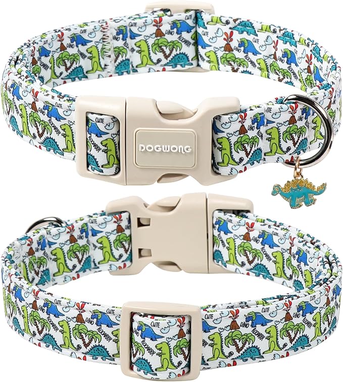 DOGWONG Dinosaur Dog Collar-Cute Green Dinosaur Dog Collar for Small Dogs, Adjustable Comfortable Cotton Boy Dog Collars for Small Medium Large Dogs,M