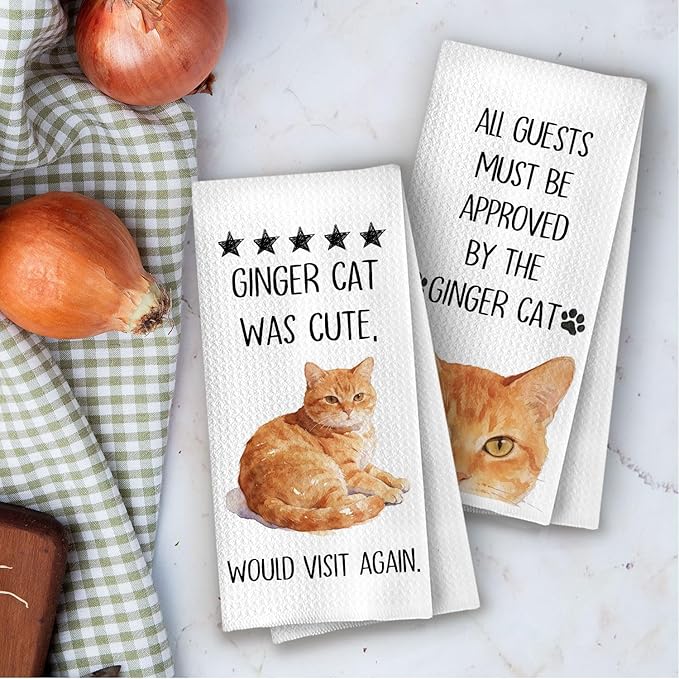 Orange Cat Kitchen Towels - Orange Tabby Cat Decorative Waffle Dish Towels, Ginger Cute Kitten Hand Towel for Mom Women, Kitty Pet Tea Towel for Kitchen, 16x24 Inch Set of 2
