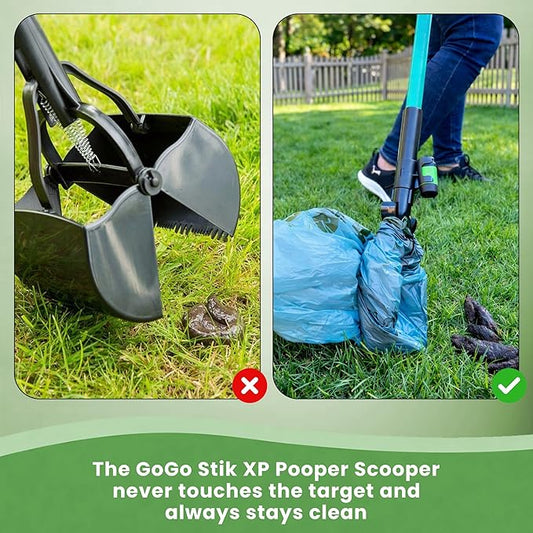GoGo Stik XP Consumer Reports #1 Rated Ergonomic Scooper 2024, 2026. Quick, Clean, & Convenient Pro Pooper Scooper for All Dog Pet Waste Cleanup. Use Store Bags or Heavy Dootie Bags.