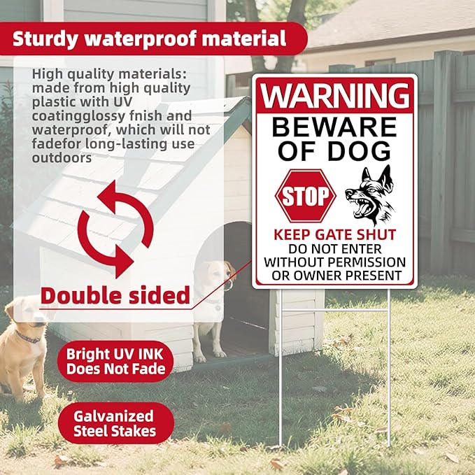 Beware of Dog Signs, 2 Pack 13"x10" Double-Sided Signs, Corrugated Plastic, H-Stake Metal Stakes, Dog Signs for Yard, Garden and Yard Wall Decor, Beware of Dog Signs for Fence