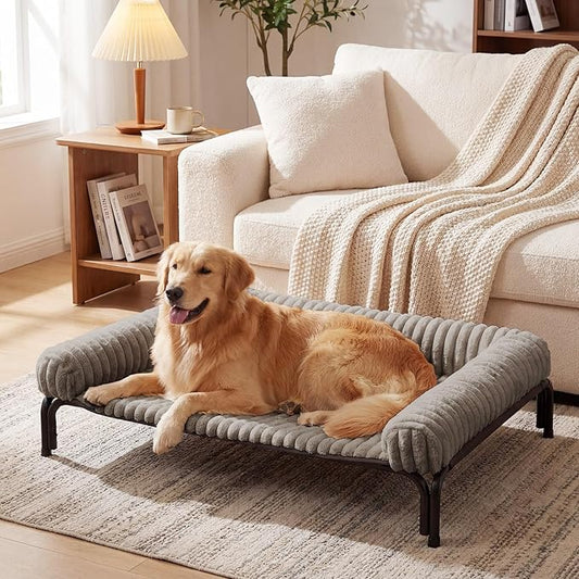 Elevated Dog Bed with Removable Bolster Cushion Mat, Raised Pet Cot for Medium Sized Dog with Breathable & Washable Mesh, Indoor & Outdoor Pet Hammock with Skid-Resistant Feet.