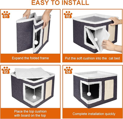 Loyareal Cat Houses for Indoor Cats - Large Cat Bed Cave with Scratch Pad and Fluffy Ball, Foldable Cat Condo Hideaway with Reversible Cushion for Multi Small Pet, Dark Grey