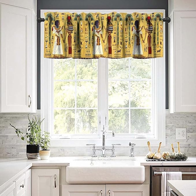 Vintage Ancient Egypt Curtains Valance, Mysterious Old Egypt African Pharaoh Theme Egyptian Culture Window Valance Curtain for Farmhouse Bedroom Living Room Kitchen 54x18inch