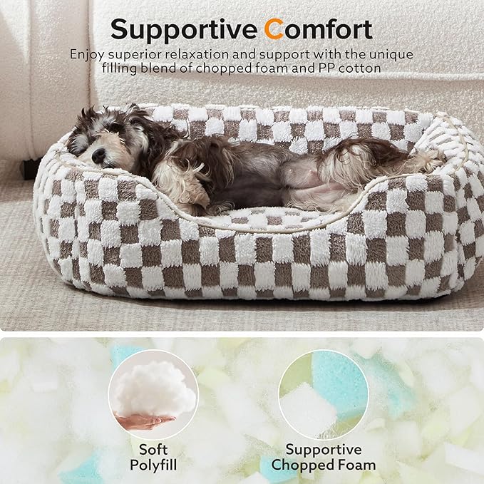 JOEJOY Dog Beds for Small Dogs -Cute Cat Beds for Indoor Cats Calming Pet Beds, Rectangle Orthopedic Cuddle Puppy Bed with Jacquard Shaggy Plush & Anti Slip Bottom, 20x19x6inches, Cofffee