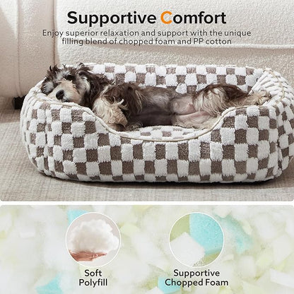 JOEJOY Dog Bed for Large Medium Small Dogs - Rectangle Orthopedic Dog Sofa Bed, Cute Modern Puppy Bed with Jacquard Shaggy Plush & Anti Slip Bottom, 35x25x10inches, Cofffee