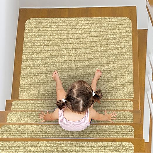 Stair Treads for Wooden Steps Carpet, Non-Slip Stair Runner Indoor Outdoor Stair Tread Mats Covers Pads, 31" x 31"Matching Landing Step Runner for Elders, Kids and Dogs (31" x 31", Beige)