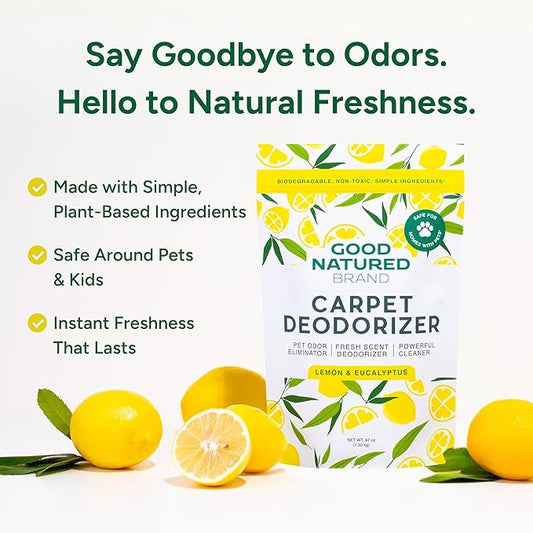 Good Natured Brand | Carpet Deodorizer & Freshener Powder | 47 oz Pet Odor Eliminator for Strong Odor & Pet Urine | Fresh Natural Lemon & Eucalyptus Scent | Safe for Homes with Pets