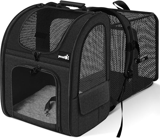 Pecute Cat Backpack Carrier Expandable, Pet Backpack for Cats & Small Dogs Up to 11lbs, with 4-Side Breathable Mesh, Multi-Entry & Lockable Zippers for Travel, Hiking, Camping - Hands Free, Black
