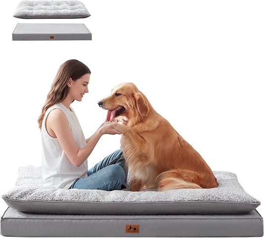 2-Pack XL Waterproof Dog Bed Large Size Dogs, Plush Cushion & Orthopedic Egg-Crate Foam Mattress for Senior Dogs, Washable Dog Crate Bed with Removable Cover, Light Grey