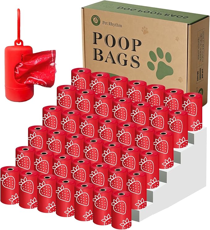 Strawberry Scented Dog Poop Bags - 630 counts red Pet Waste Bags with Dispensers, Extra Large 13x9 Inch Leak-Proof Fragrance Bags for Dogs Walking and Cat Litter