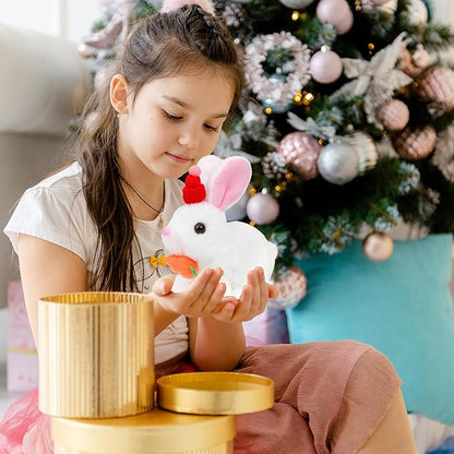 Easfan Bunny Plush Jumping Spotted White Rabbit with Hat Hopping Ears Nose Moving Educational Plush Toy Singing Shaking Glowing Interactive Toy Electric for Toddlers Kids