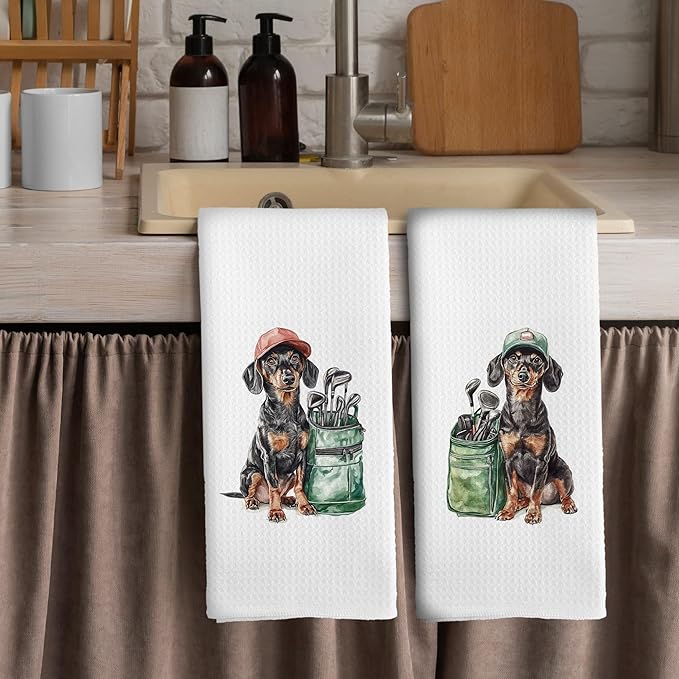 Golf Dog Kitchen Towels - Doberman Pinscher Dish Towels, Sports Gifts, Pet Golf Club Decorative Absorbent Dishcloths Hand Towels Set of 2 for Spa Kitchen Gym Decor 16x24 Inches
