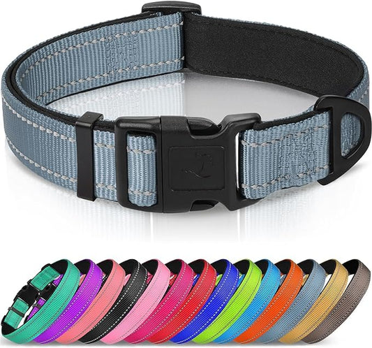 Joytale Reflective Dog Collar, Soft Neoprene Padded, Metal D-Ring, Nylon Pet Collar Adjustable for Medium Dogs, Gray, M