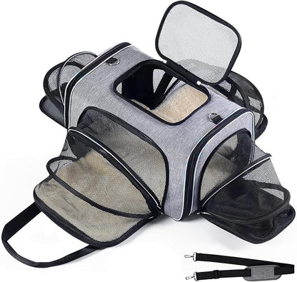 Airline Approved Cat Carrier Under Seat, 4-Way Expandable & Collapsible Soft-Sided Pet Carrier with Removable Fleece Pad - TSA Compliant for Cats, 18x11x11.5in Car & Plane Travel, Vet Visits