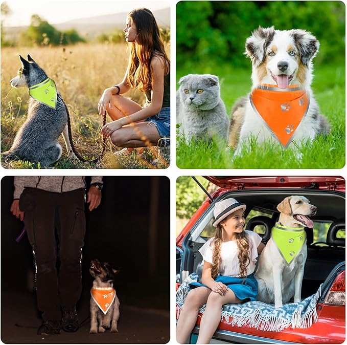 2 Pcs Reflective Dog Bandana High Visibility Neon Orange Green Dog Reflective Scarf Bibs Scarf Safety Accessories for Camping Night Walking Off Leash Exploration