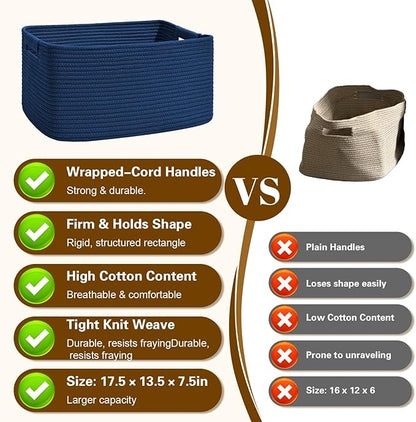 4 Pack Large Storage Basket for Organizing, 17.5"x13"x7" Woven Basket for Shelves, Closet Cube Storage Bins with Wrapped Handle, Cotton Rope Baskets for Kitchen, Clothes, Toys(Navy Blue)