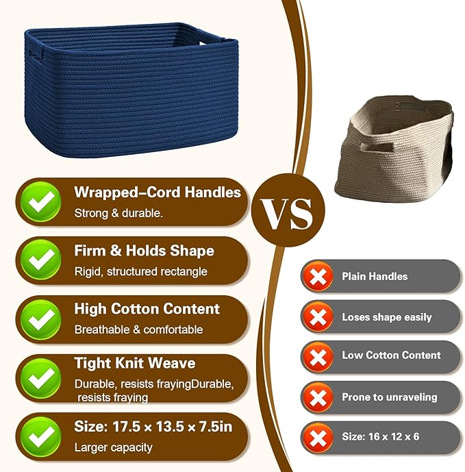 3 Pack Large Storage Basket for Organizing, 17.5"x13"x7" Woven Basket for Shelves, Closet Cube Storage Bins with Wrapped Handle, Cotton Rope Baskets for Kitchen, Clothes, Toys(Navy Blue)