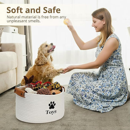 Dog Toy Basket, Quality Cotton Rope Dog Toy Storage with Handles, Durable Dog Toy Bin Box for Organizing Pet Supplies, Pet Toys, Collars, Leashes & Accessories (Beige,13’’x9’’x7.5’’)