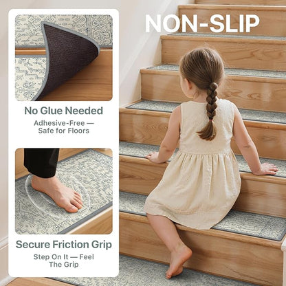 Non Slip Stair Treads for Wooden Steps 15PCS - 8"x30" Indoor Safety Carpet, Edging Mats with TPE Adhesive Backing, Pet and Elderly Friendly Stair Rugs (Beige Line)