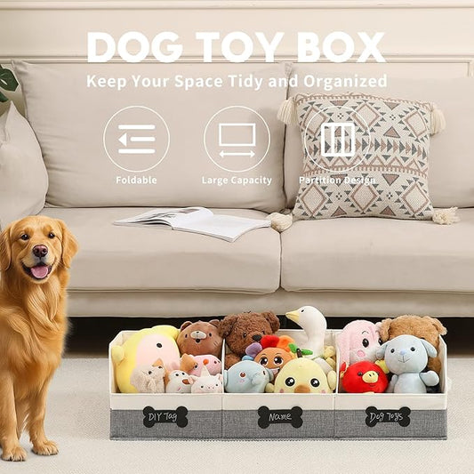 Qozary Large Dog Toy Basket with Diy Tag - Collapsible Dog Toy Bin, Fabric Personalized Dog Toy Box, Trapezoid Dog Toy Storage and Organizer for Pet Supplies