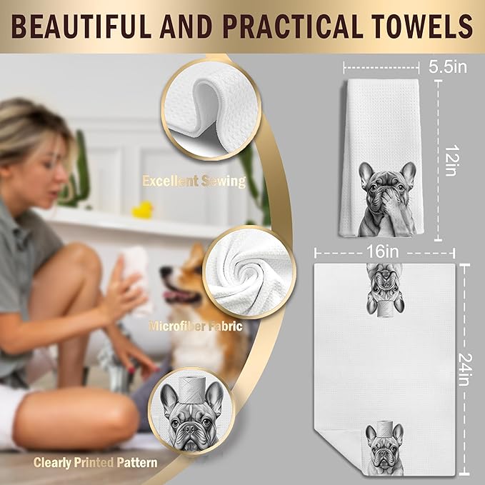 French Bulldog Gifts Kitchen Towels Set of 2，French Bulldog Gifts for Women Men Decor Accessories Hand Towels for Bathroom，Funny Dog Bathroom Hand Towels，16x24 Inch
