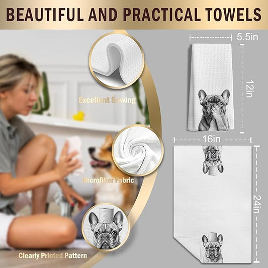 French Bulldog Gifts Kitchen Towels Set of 2，French Bulldog Gifts for Women Men Decor Accessories Hand Towels for Bathroom，Funny Dog Bathroom Hand Towels，16x24 Inch