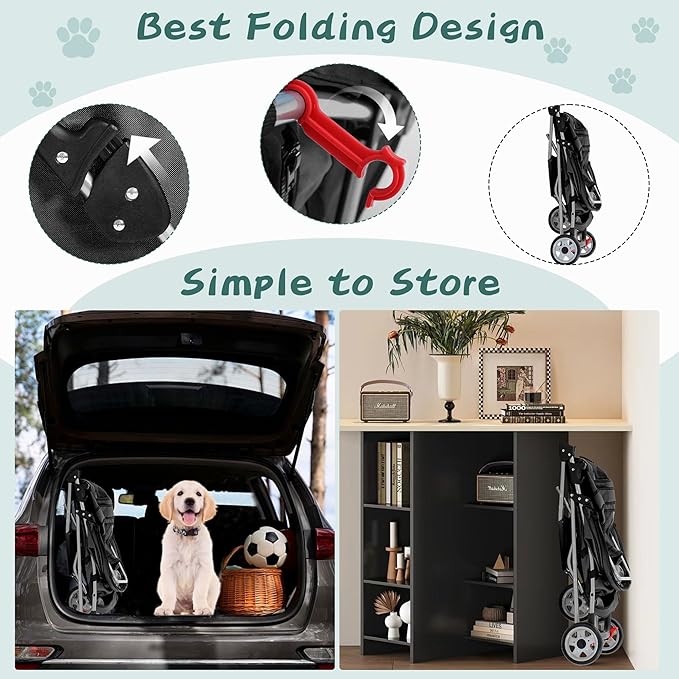 Pet Stroller for Small Medium Dogs & Cats,3-Wheel Breathable Compact Foldable Dog Carrier with Storage Basket, Outdoor Portable Lightweight Travel Stroller for Camping,Black