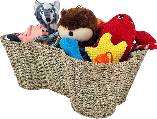 Dog Toy Basket, Seagrass Bone Shaped Dog Toy Bin, Handmade Pet Organizer And Storage, Toy Box for Cats (Large (22x14))