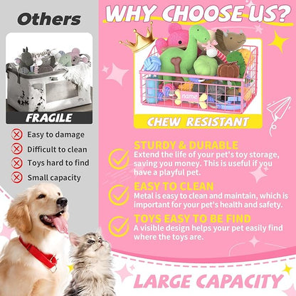 Indestructible Dog Toy basket, Small Toy Box for Dogs, Pet Toy Bin Dog Metal Basket for Toys, Toy Storage Organizer,Dog Toy Box for Living Room Area(Pink)