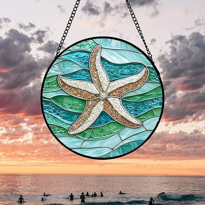 Stained Glass Window Hanging 4 Pcs Set Cyan Ocean Life Theme 6.3" - Sea Starfish Suncatcher Door Garden Sun Catcher Decor Birthday for Mom Woman Nana Men Friend