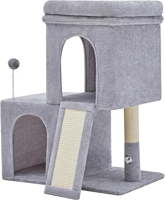 Woochpet 32inch Tall Cat Tree with 2 cat condo for Adult Cats Cozy Cat Tower with Scratching Post and Scrather Board for Cats of Different Ages.（Light Grey）