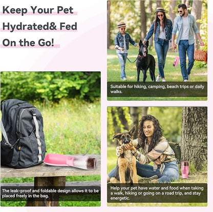 2-in-1 Foldable Pet Travel Water Bottle, Feeding Vessels for Pets, 11.8oz Water & 7oz Food Container for Dogs and Cats, Portable Leak-Proof Dispenser for Hiking, Walking & Camping Blue