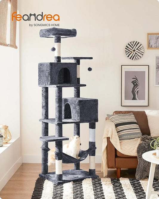 Feandrea Cat Tree, 73.2-Inch Tall Cat Tower, Plush Multi-Level Condo with 5 Scratching Posts, 2 Perches, 2 Caves, Hammock, 2 Pompoms, Smoky Gray UPCT191G01