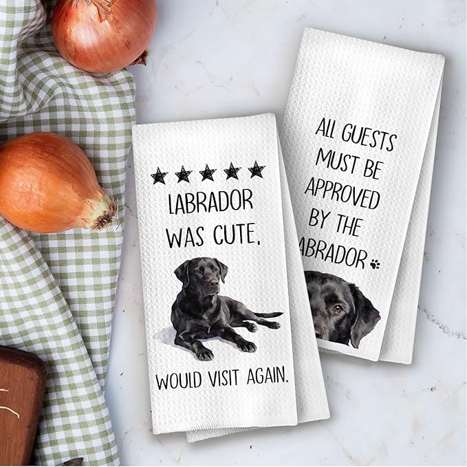 Black Labrador Kitchen Towels - Funny Black Lab Decorative Waffle Dish Towels, Labrador Retriever Dog Hand Towel Gifts, Lab Lovers Tea Towel for Women, 16x24 Inch Set of 2