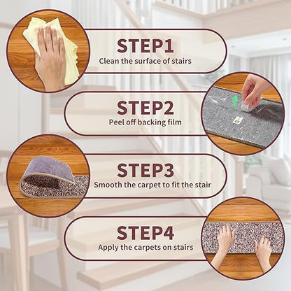 Non-Slip Carpet Stair Treads 15PCS, 8"x30" Peel and Stick Stair Runner for Wooden Steps Indoor, Washable Reusable Adhesive Backing, Pet-Friendly Safety Mats for Kids, Elders, Dogs