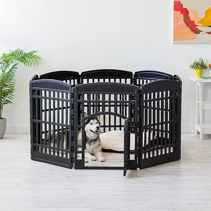 IRIS USA Dog Playpen 34" Tall Dog Playpen Indoor – 8-Panel Puppy Playpen with Door, 63 x 63 x 35, Extra Tall Dog Play Pen Indoors for Large Dogs, Plastic Pet Playpen, Indoor Dog Pen, Black