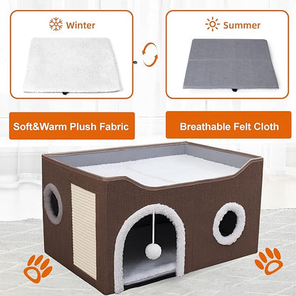 Loyareal Cat Houses for Indoor Cats - Large Cat Bed Cave with Scratch Pad and Fluffy Ball, Foldable Cat Condo Hideaway with Reversible Cushion for Multi Small Pet，Brown