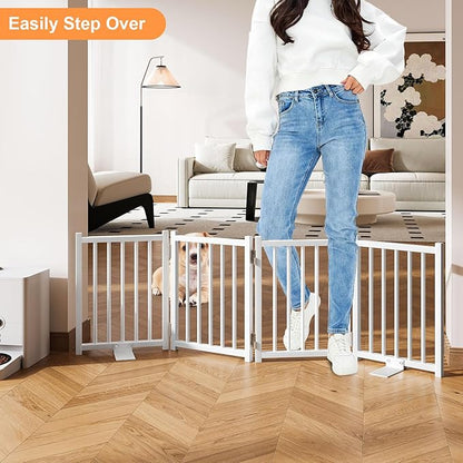 Snughome Short Dog Gate Indoor, 16" High Freestanding Small Dog Door Gates with Support Feet, Expands Up to 48’’ Wide Foldable Pet Gate for Doorway, 4 Panel Folding Pet Door Pet Fence for Puppy, White