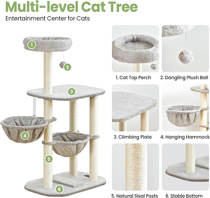 Small Cat Tree Tower with Lots of Scratching Posts - 42 Inch Medium Compact Cats Scratch House with Hammock Perch for Multi Level 2 Kitty - Indoor Corner Cat Bed Condo Climbing Gym Towers Furniture