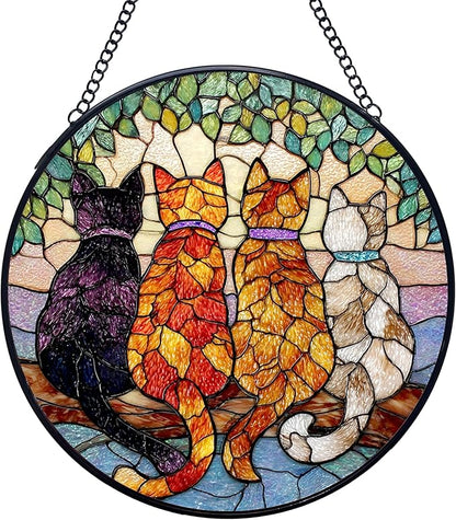 Cat Stained Glass Window Hanging Suncatchers, Cat Mom Lovers Owner Gifts Sun Catchers Indoor Window Glass Wall Art Decor, Cats Wall Hanging Decorations Sculptures, 7.9x7.9in