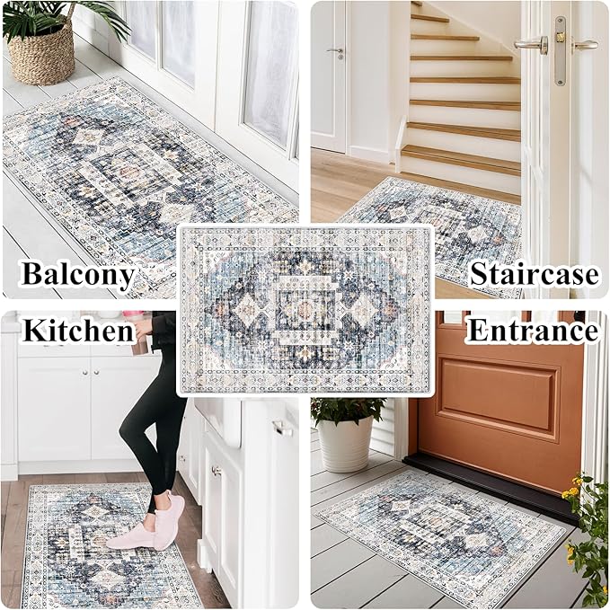 Living Room 2x3 Washable Rug - Entryway Vintage Small Area Rugs Stain Resistant Rugs with Non Slip Backing Soft Carpet for Bedroom Dining Room Kitchen Distressed Floor Mat (2x3, Deep Blue/Navy)