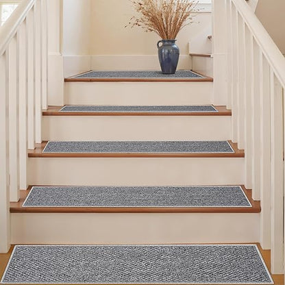 Carpet Stair Treads Non Slip - 4 Pack 8" x 30" Peel and Stick Stairs Tread for Wooden Steps Washable Stair Runners Rug Stain Resistant Edging Staircase Mat for Kids and Dogs(4pc, Grey)