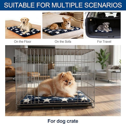 Washable Dog Bed Mat With Anti-Slip Bottom, Deluxe Plush Memory Foam Crate Pad & Waterproof Outdoor Kennel Mat For Dogs & Cats-Durable Crates Beds, Large Medium Small Puppy Size 24" x 18",Blue