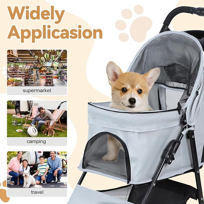 4 Wheels Pet Stroller for Medium Small Dog up to 50lbs, Dog Cat Stroller, Outdoor Travel Pet Folding Strollers with Cup Holder, Detachable Carrier, Breathable Visible Mesh (Grey Upgraded)
