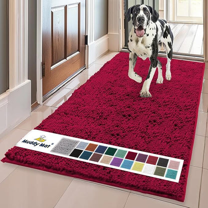 Muddy Mat® | Super Absorbent Door Mat Indoor, Microfiber Quick Dry Chenille Entryway Rug, Non-Slip Front Door Mat, Indoor Mats for Entryway, Machine Washable Pet Rug, Maroon 24" x 96"