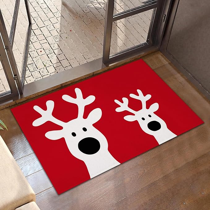 Cute Reindeer Front Door Mat,Anti-Slip Christmas Red Entrance Indoor Rug Mat,Low Profile Door Mat Entrance,Doormats for Home Kitchen Bedroom Porch, Hallways 30 x 17 Inch