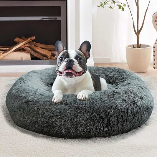 JOLLYVOGUE Calming Dog Beds Large Sized Dog, 36in Donut Washable Large Pet Bed, Anti-Slip & Anti-Anxiety Fluffy Faux Fur Round Dogs Bed, Fits up to 80 lbs Pets (Navy Grey)