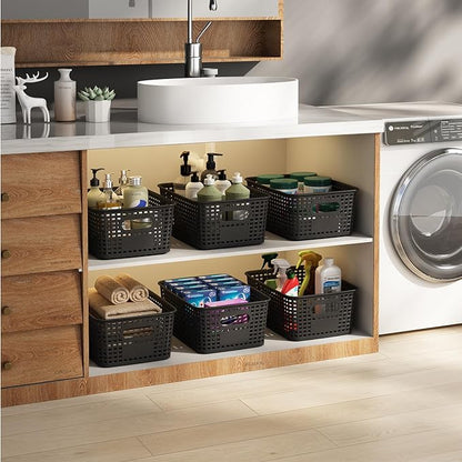 Plastic Storage Basket with Lids 10 Pack Stackable Black Storage Bins Containers with Lid, Decorative Storage Boxes for Organizing Shelves, Drawers, Playroom, Classroom, Office, Closet