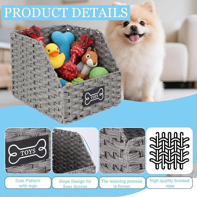Dog Toy Basket Large Foldable Portable Rattan Dog Toy Storage Organizer for Living Room Bedroom Entryway Floor Corner Pet Toys Basket with Label, Dogs Toys Bin for Cats, Dogs and Pets-Grey